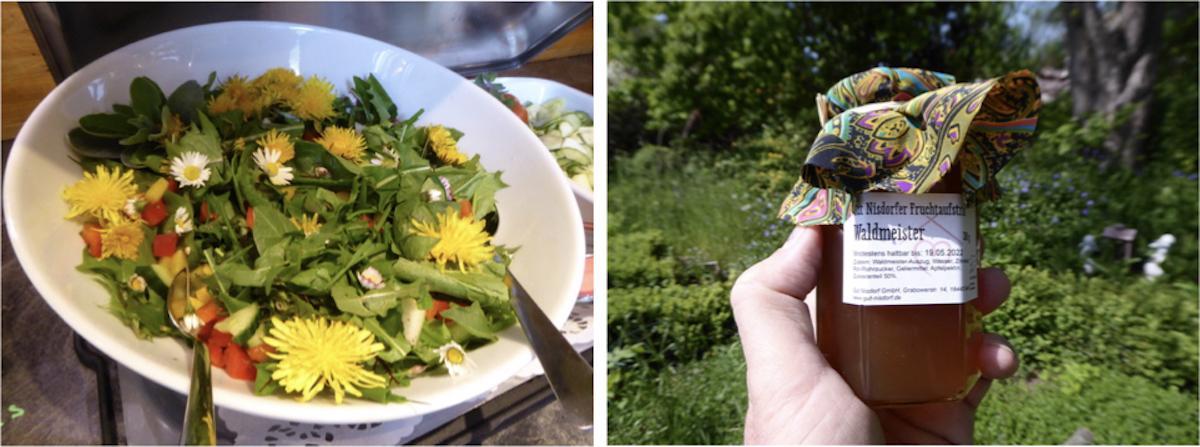 Frischer Salat und selbst gemachte Waldmeister-Marmelade