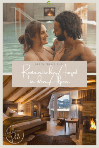Auf dem oberen Bild ist ein verliebtes Pärchen im Schwimmbad zu sehen. Das untere zeigt ein romantisches Schlafzimmer mit flackerndem Kamin