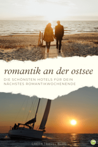 Romantischer Urlaub und Zweit zu zweit in den schönsten Hotels an der Ostsee | Die Grafik zeigt zwei Bilder. Auf dem oberen sieht man ein Pärchen, das Hand in Hand auf einem Steg Richtung Meer läuft. Das untere zeigt ein Segelschiff im Sonnenuntergang.
