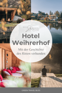 Auf vier Bildern wird das Hotel Weihrerhof vorgestellt. Zu sehen sind die Bootshaussauna, das Hotel am See, die Loungesessel und ein Mann, der am Wolfsgrubner See meditiert