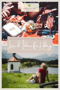 The upper picture shows a picnic basket and its contents from Berghotel Rehlegg. The lower one shows a woman sitting on a meadow and enjoying the sun. Behind her is a bicycle; in front of her is a white chapel