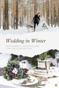 The pin shows two pictures: On the top you can see a bride and groom with two huskies standing in a snowy forest. The bottom one shows a detail shot of the wedding table with a cake with winter decoration made of fir branches and two champagne glasses.