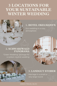 The pin shows three wedding locations for your winter wedding. They are each presented by a round picture that shows a set wedding table. You can see the Hotel Okelmann's, the SCHWARZWALD PANORAMA and the Landgut Stober.