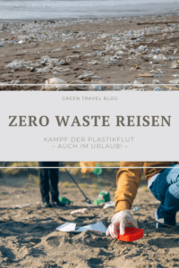 Auf dem oberen Bild ist ein verdreckter Strand zu sehen. Das untere zeigt Menschen beim Aufräumen eines solchen Strandes. Vielleicht während ihrer Zero-Waste-Urlaubs?
