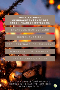 Im Hintergudn der Schrift sieht man Menschen über einen Weihnachtsmarkt schlendern. Vorgestellt werden verschiedene Orte mit nachhaltigen Hotels und weihnachtsmärkten