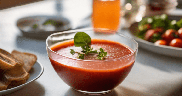 Recipe: Cold blended bell pepper and strawberry gazpacho with bread chips and sprouts