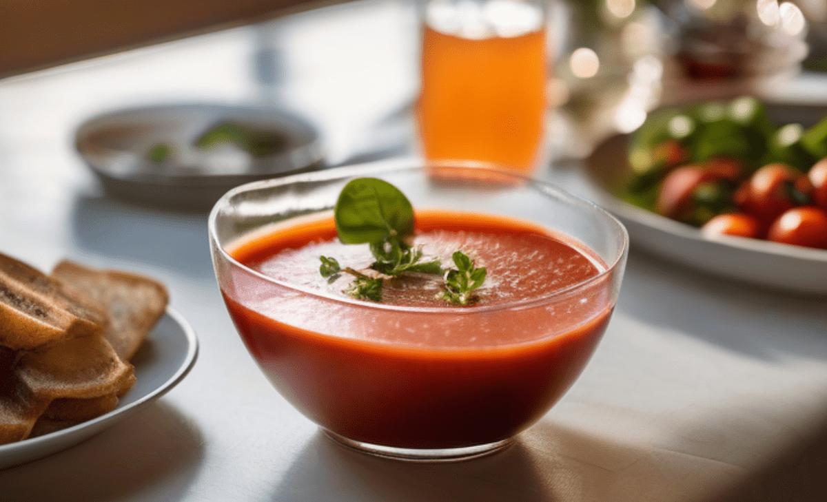 Rezept: Kalt gemixte Paprika-Erdbeer-Gazpacho mit Brotchips und Sprossen