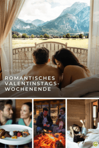Eine romantische Szene mit einem Paar im Bett und Blick auf die Berge. Die folgenden Bilder zeigen ein Paar, das ein Dessert genießt, am Feuer sitzt und sich im Bett entspannt.