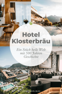 Collage mit dem gemütlichen Interieur des Hotels Klosterbräu, atemberaubenden Bergblicken und einem ruhigen Außenpool. Der Text hebt die 500-jährige Geschichte hervor.
