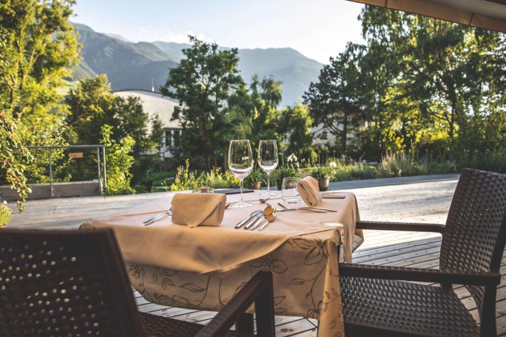 Dinner on a terrace overlooking the countryside.