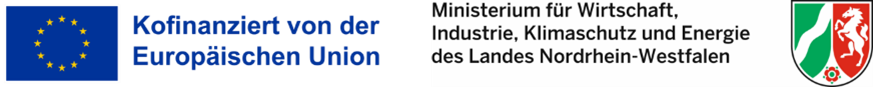Drei nebeneinander angeordnete Logos: Europäische Union mit Sternenkranz auf blauem Grund, Schriftzug 'Kofinanziert von der Europäischen Union', daneben Text 'Ministerium für Wirtschaft, Industrie, Klimaschutz und Energie des Landes Nordrhein-Westfalen' und das Wappen von Nordrhein-Westfalen.