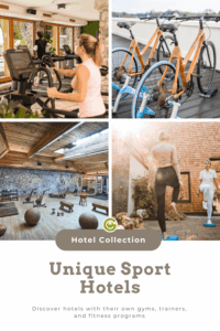 A four-part collage featuring a fitness room, several bicycles in a bike rack, a rustic workout room with a wooden ceiling and weights, and two women stretching outdoors in front of a wooden facade