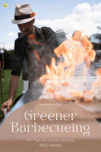 A man wearing an apron turns meat on a grill; below him, a group of three people stands in front of a smoking outdoor grill; text: “Pro tips for grilling—from whether to use electric, charcoal, or gas to the foods you put on the grill”