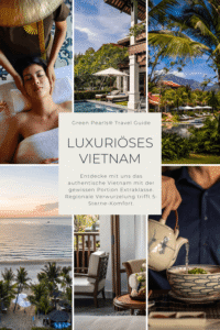 Collage aus sechs Fotos zeigt eine Frau bei Massage mit traditionellem vietnamesischem Hut, Außenbereich eines Resorts mit Sonnenschirm und Liegestühlen, Palmen vor Bergen, Sonnenuntergang über Meer mit Palmen, Innenbereich mit Stuhl und Tisch, und eine Person gießt Tee in eine Schale
