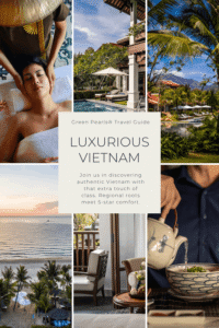A collage of six photos shows a woman receiving a massage while wearing a traditional Vietnamese hat, the outdoor area of a resort with a beach umbrella and lounge chairs, palm trees against a mountain backdrop, a sunset over the ocean with palm trees, an indoor scene with a chair and table, and a person pouring tea into a bowl