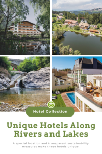A collage of four photos featuring hotels near bodies of water: a multi-story hotel by a pond with trees, a hotel complex by a lake with boat docks, a person by a river with rocks, and a modern hotel with a pool on the terrace