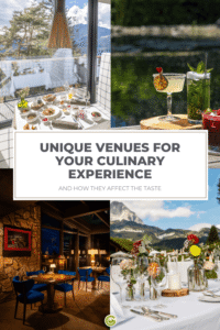 A collage of four photos featuring unique dining locations in sustainable hotels: a set table with a mountain view; various cocktails served on wooden trays; a cozy dining area with stone walls and blue seating; and a festively set table with flowers against a mountain backdrop.