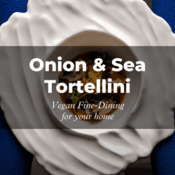 A white, wavy bowl with vegan onion & sea tortellini on a blue background, text with the recipe title and a reference to the Green Travel Blog