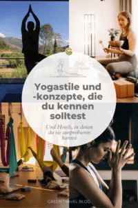 Vier Fotos zeigen verschiedene Yoga-Stile: Silhouette einer stehenden Person mit erhobenen Armen vor Berglandschaft, sitzende Frau mit Klangschale in hellem Raum, Gruppe in Hängematten-Yoga-Übung und Frau in Meditationshaltung mit gefalteten Händen.