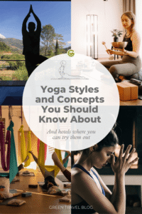Four photos depict different styles of yoga: the silhouette of a person standing with arms raised against a mountain backdrop; a woman sitting with a singing bowl in a brightly lit room; a group doing a hammock yoga exercise; and a woman in a meditative pose with her hands folded.