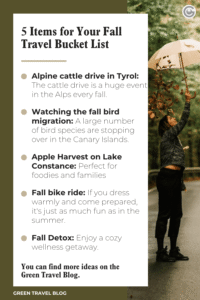 List of five tips for a fall travel bucket list against a blurred background featuring a person and an umbrella in the rain