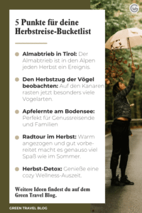 Liste mit fünf Tipps für eine Herbstreise-Bucketlist vor unscharfem Hintergrund mit Person und Regenschirm im Regen