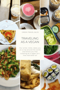 A collage of vegan dishes and drinks with a text box in the center that includes the title “Traveling as a Vegan” and a brief description